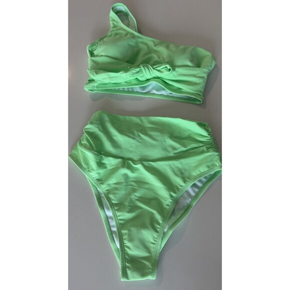 One Shoulder High Waisted Bikini Set Two Piece Tie High Leg Swimsuit green Small - Picture 6 of 13